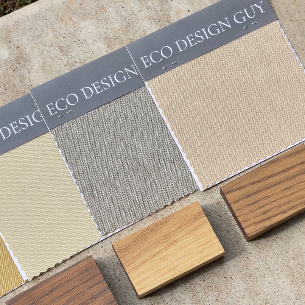 Four fabric samples side by side and three wood finish samples below